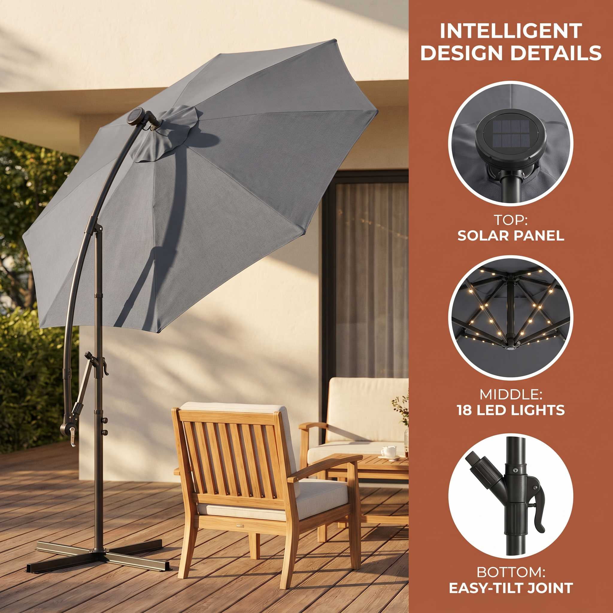 Ktaxon 10FT Patio Umbrella, Offset Cantilever Solar LED Outdoor Patio Table Umbrella, UV Protection, Fade Resistant Fabric, Easy Tilt Adjustment,Cross Base,Gray