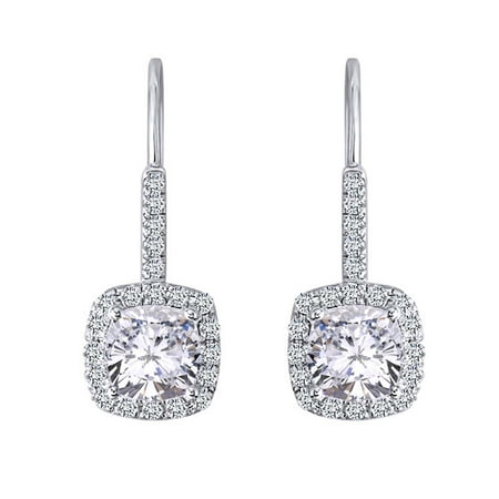 2.62 Cttw Womens Cushion White Moissanite Halo Dangling Drop Earring 14Kt White Gold Over Sterling Silver