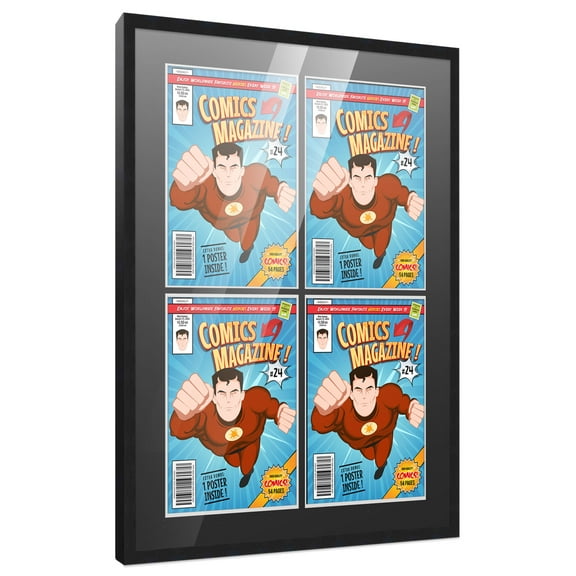 Comic Book Frame with Mat for 4 Silver Age Comics Published Between 1956 and 1970 - Black Wood