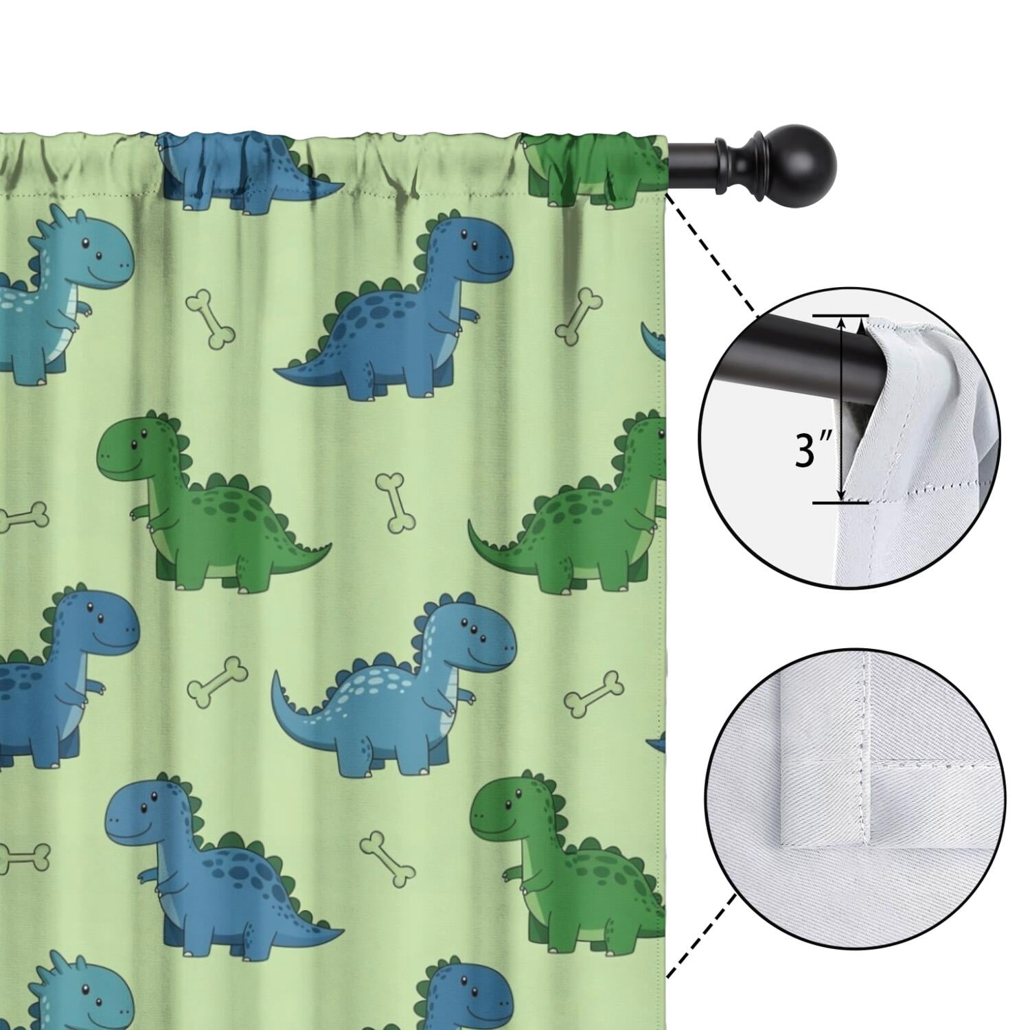 Blackout Kids Curtains,Green Dinosaurs Bones Pattern Childrens Insulated Curtains Set Of 2,Bedroom Essentials,Toddler Room Decor 42"x63"