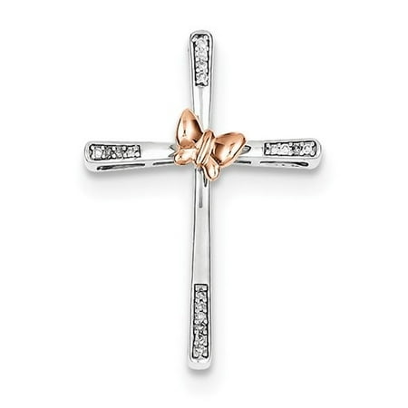 Sterling Silver 14k Rose Gold Butterfly Diamond Cross Pendant