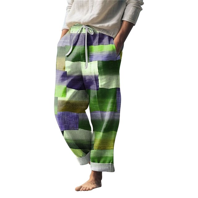 Clearance! Hontri Men's Pants Men's Summer Beach Drawstring Elastic Waist Pattern Color Block Geometric Pattern Breathable Soft Holiday Fashion Micro Elastic Pants Green,S