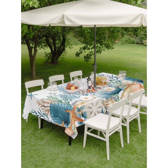 Outdoor Tablecloths with Umbrella Hole & Zipper, Teal Blue Coastal Tablecloth Rectangle 60x84 Inch, Summer Beach Starfish Shell Coral Nautical Waterproof Table Cloth, Patio/Pool/Picnic Table Covers