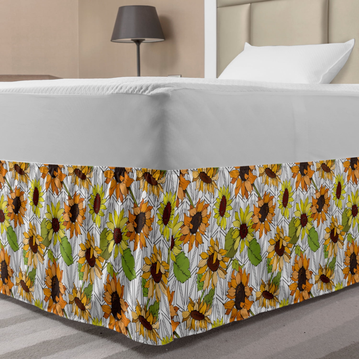 Orange and Yellow Bed Skirt, Big Petal Sunflower Repetition on Grid