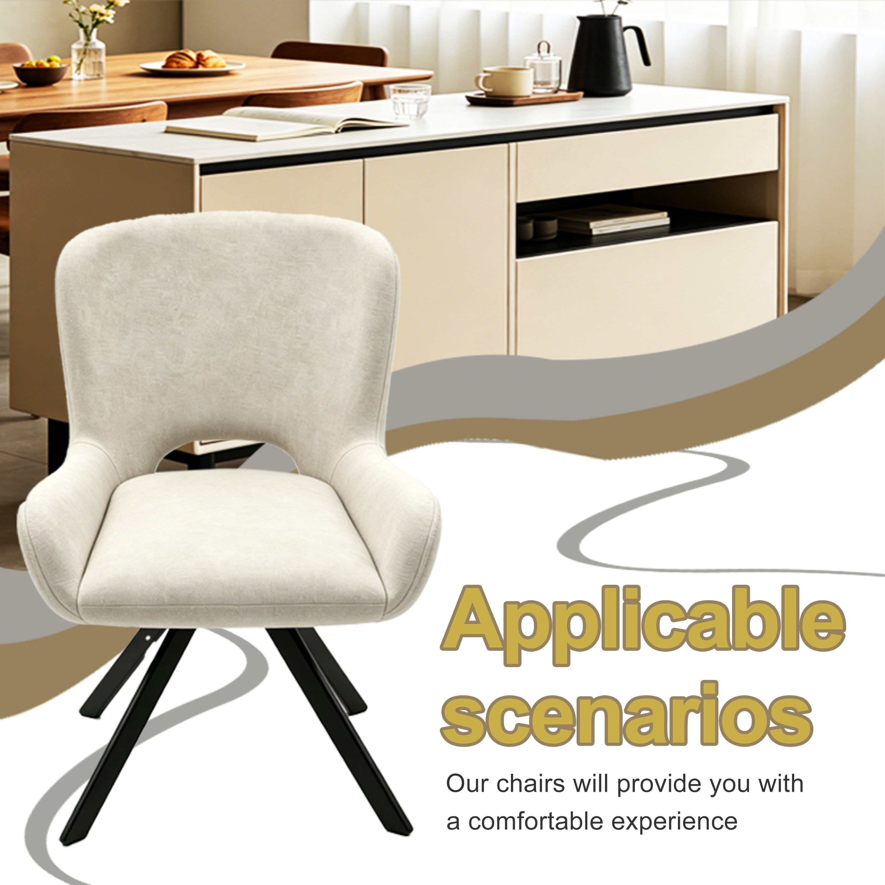 Dining Chairs Set of 2, Fabric Upholstered with X-Frame Metal Legs and Ergonomic Cutout Backrest, Modern Chairs for Kitchen and Office, Beige