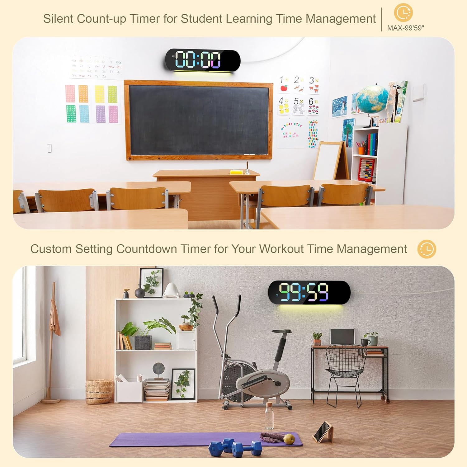 Large Digital Wall Clock with Remote Control 13.7’’, Auto Brightness, 9 RGB Ambient Light, Dual Alarm Clock&Timer, 12/24H Mode, Temperature for Bedroom, Wall Decor Gift for Elder, Black