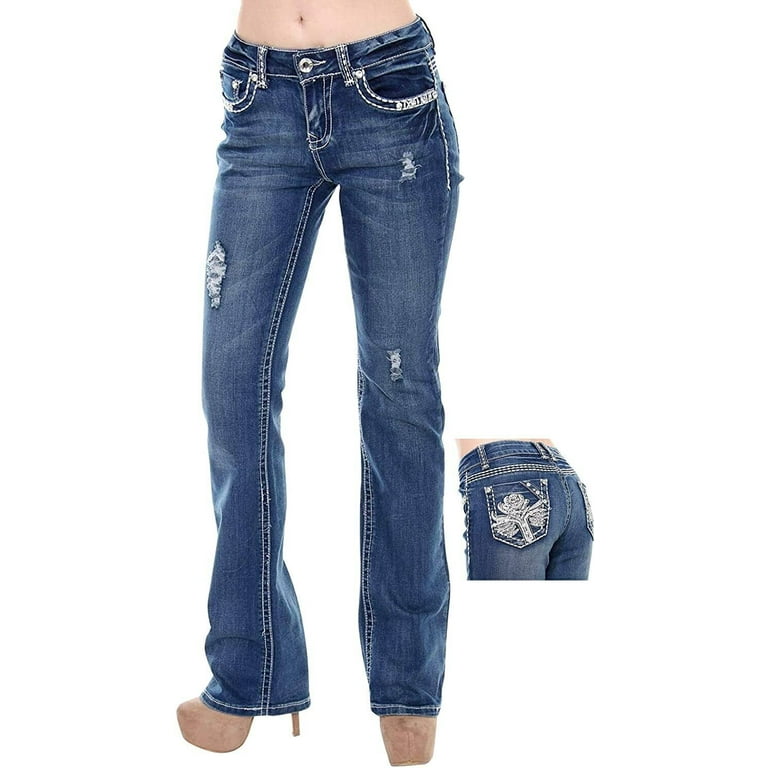 Jack David Women's Rhinestone Mid Rise Bootcut Stretchy Denim Jeans Pants ( Bootcut Blue S96-pb) 