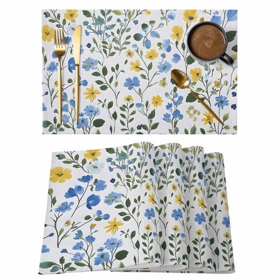Placemat Set of 4 Yellow Blue Floral Leaf Placemats for Dining Table Wildflowers Plant Washable Table Mats for Kitchen and Party Decor Indoor & Outdoor Use
