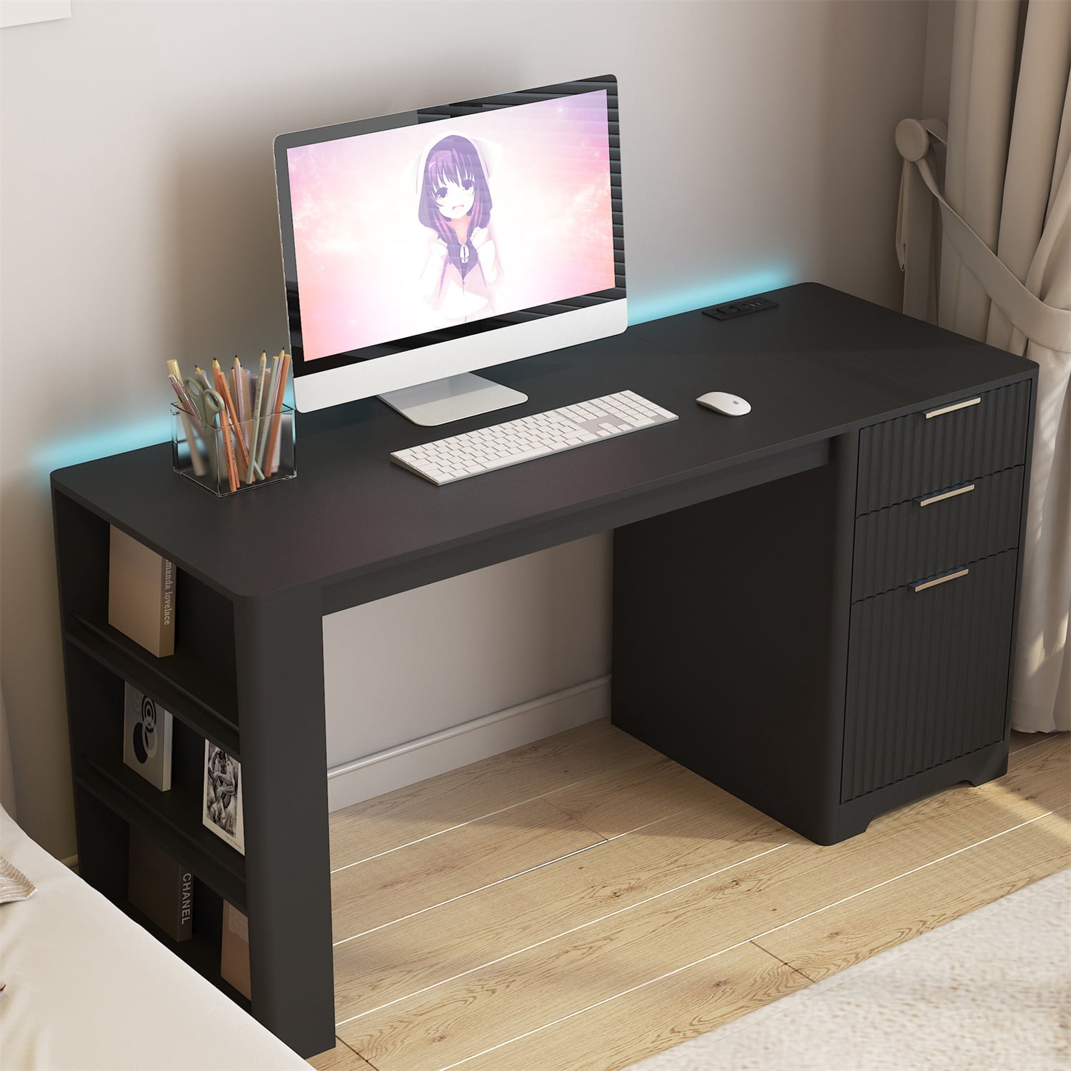 Hommoo Modern L Shaped Desk with Charge Station, LED Light and Storage, Computer Corner Desk,for Home and Office, Black