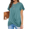 thumbnail image 3 of HUBERY Women Cross Over Twisted Hem Solid Color Short Sleeve Shirt, 3 of 4