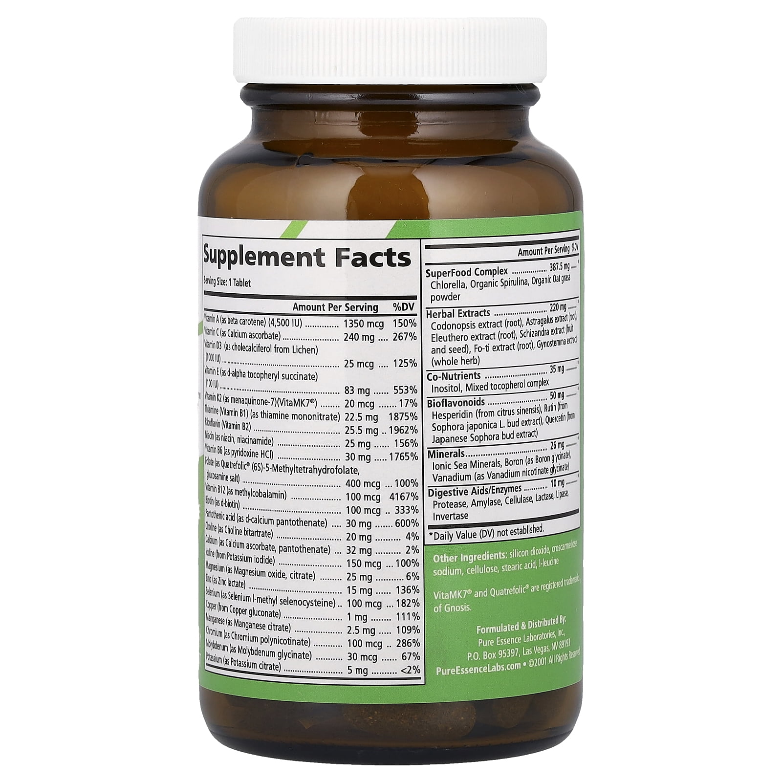 One N Only Multivitamin - One a Day Whole Food Supplement with Superfoods, Minerals, Enzymes, Vitamin D, D3, B12, Biotin by Pure Essence - 90 Tablets