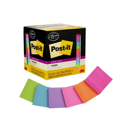 UPC: 0638060858974 | Post-it Super Sticky Notes  3 in x 3 in  Assorted Bright Colors  15 Pads