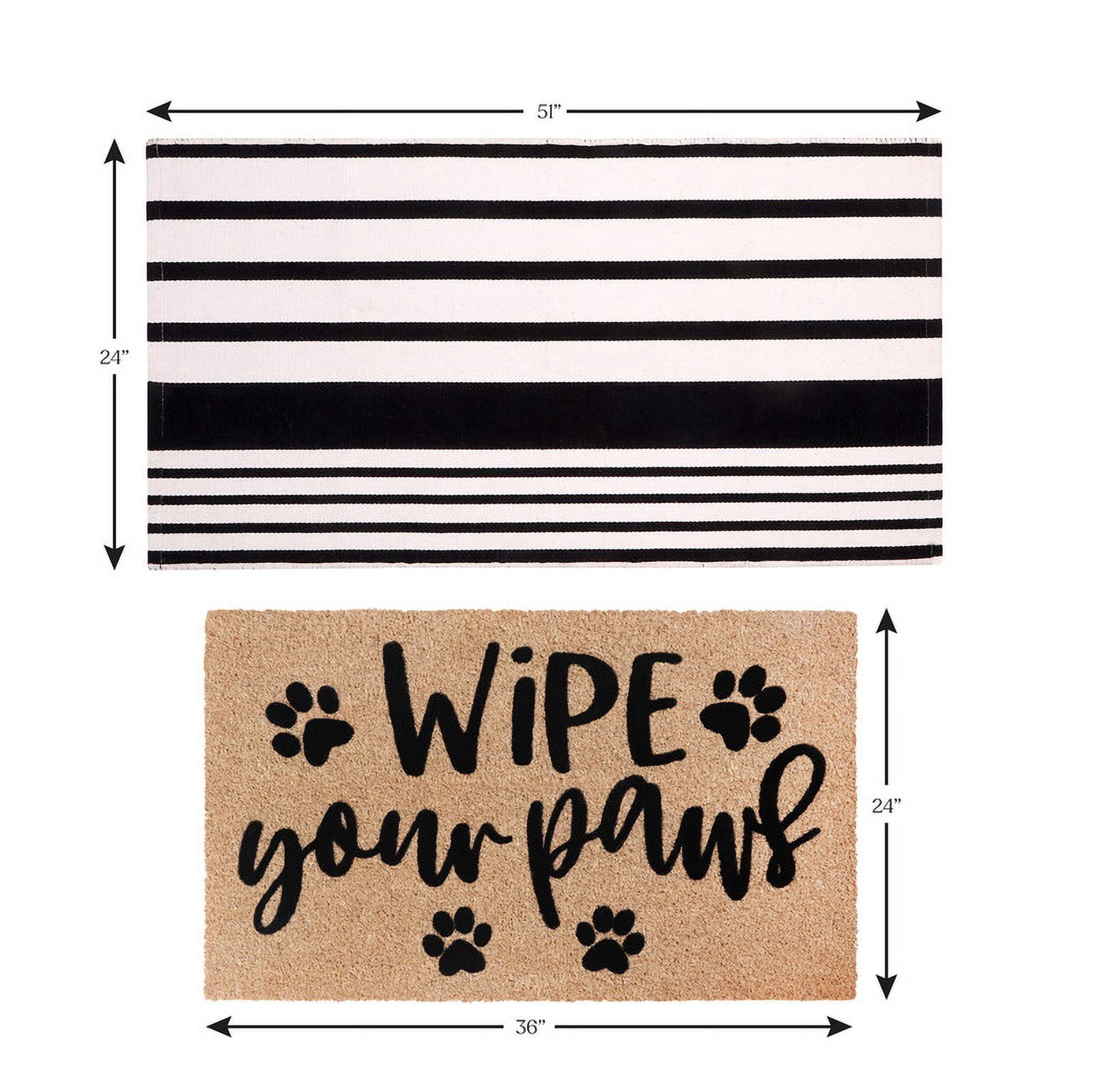 A1HC Coir Welcome Mat and Black & White Striped Cotton Rug Combo Set, 24"x36" & 24"x51", Hand-Woven Washable Entryway Décor