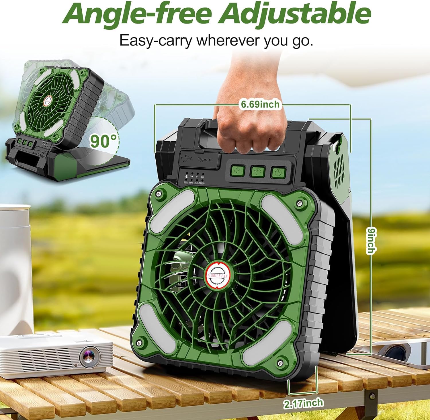 4 Speeds Solar Battery Operated Fan for Camping, 10000mAh Portable Rechargeable Desk Fan with LED Light & Timing Function, Folding USB Charger Port Camping Fan Power Bank for Home Office Car Outdoor