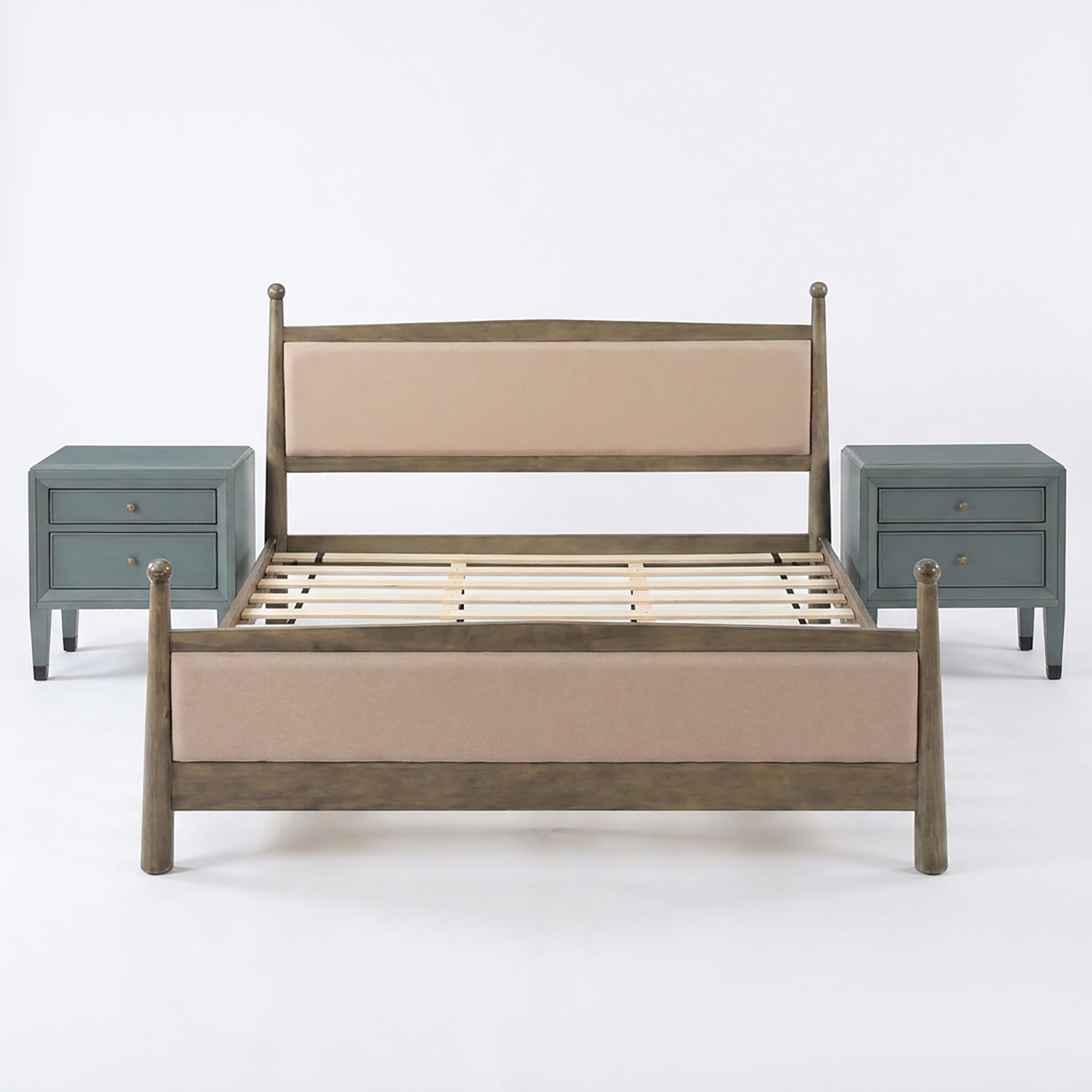 Christopher Knight Home Farmhouse Bedroom Set, King Upholstered Bed with 2 Nightstands, Natural+Sage Green