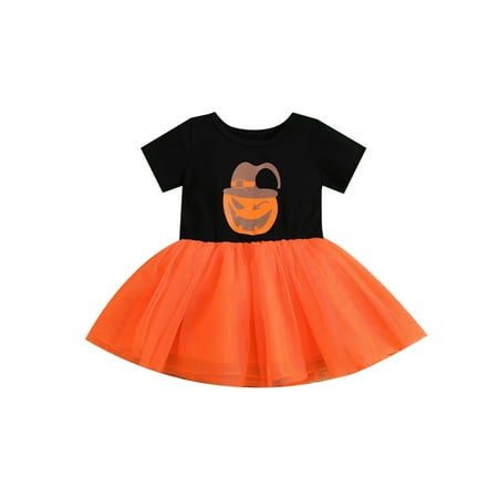 

Seyurigaoka Baby Girl Halloween Dress Short Sleeve Round Neck Skirts Pumpkin Pattern Mesh Patchwork Holiday Party Clothing