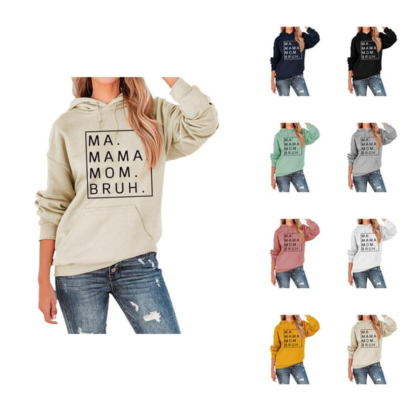 Ma Mama Mom Bruh Hoodies for Women 2025 Long Sleeve Casual Graphic Hooded Sweatshirt with Pockets Pullover Tops
