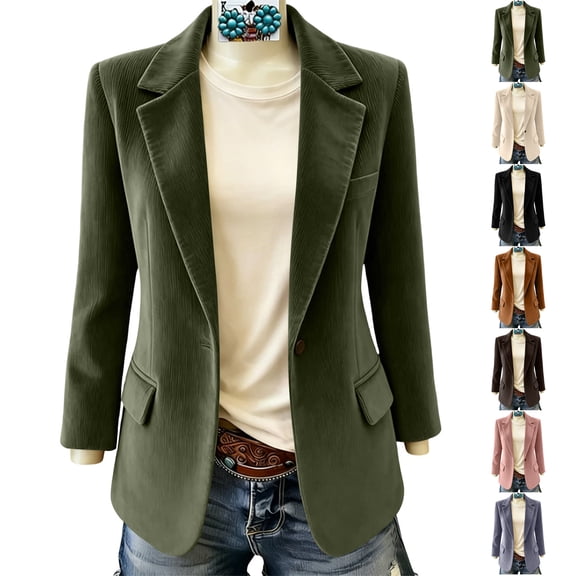 TGSLY Fall Corduroy Blazer for Women Lightweight Notched Lapel Single Breasted Button Open Front Suit Coat Dressy Casual Solid Color Long Sleeve Jacket with Pockets XL