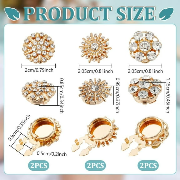 6Pcs 3 Styles Rhinestone Buttons Cover Sleeve Buttons Cover Flower Buttons Cover Detachable Shirt Button Clips Buttons Jewelry for Dress Suit Tux Shirt Accessories Golden