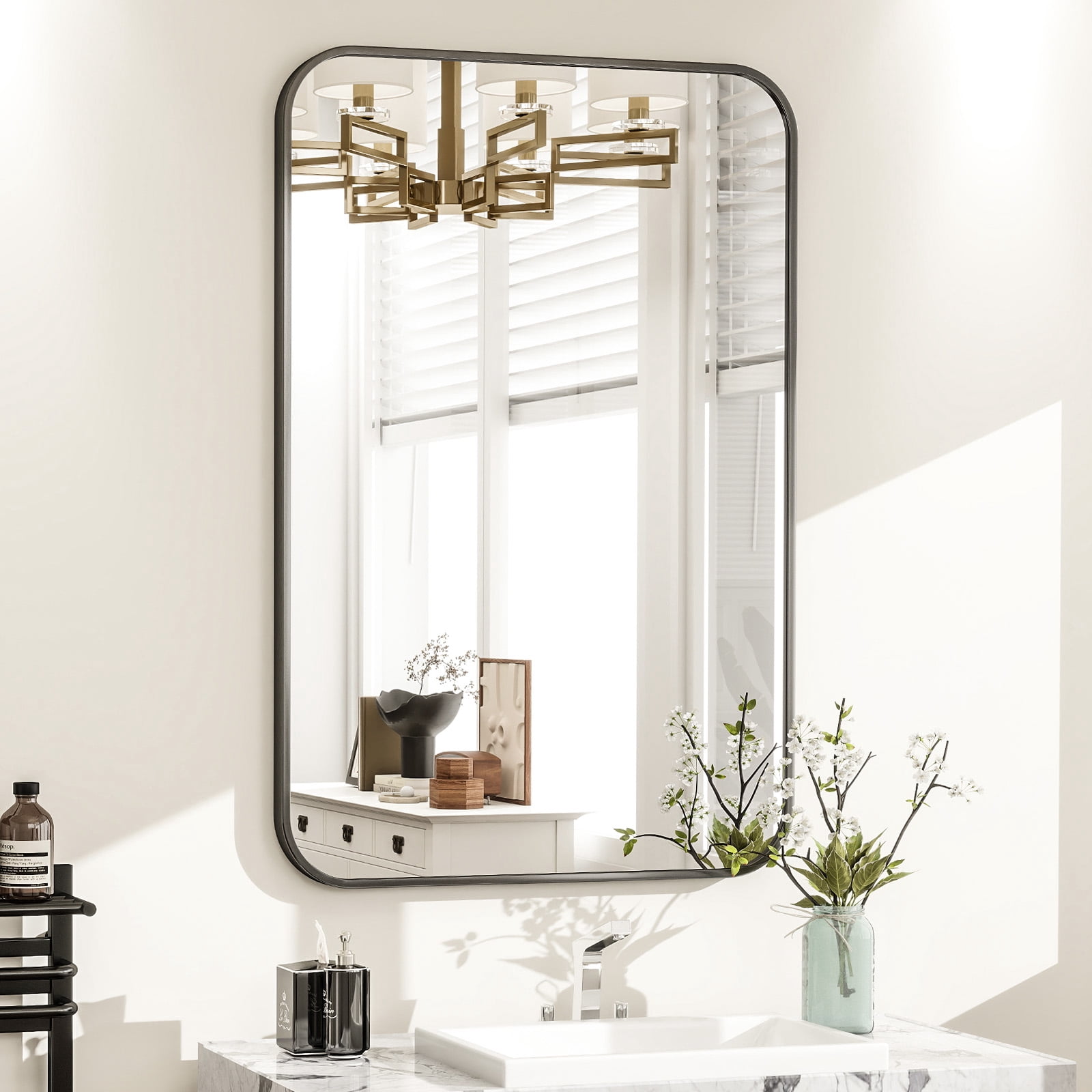 Lumora 24.2"x 36.3" Wall Mirror Rectangle Rounded Corner Hanging Vanity Mirror,Black