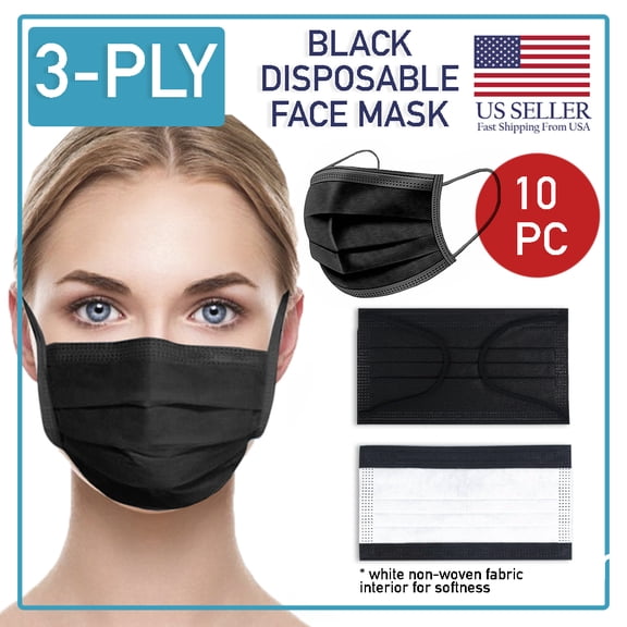 Black Disposable Face Mask 10 PCS 3-Ply Medical Surgical Ear-Loop Mouth Cover