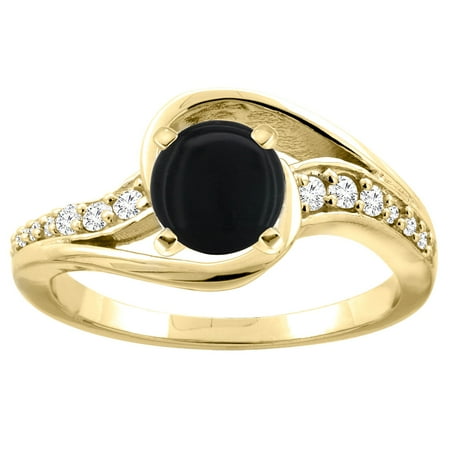 Round Natural Onyx - 14K White/Yellow Gold Natural Black Onyx Bypass Ring Round 6mm Diamond Accent, sizes 5 - 10