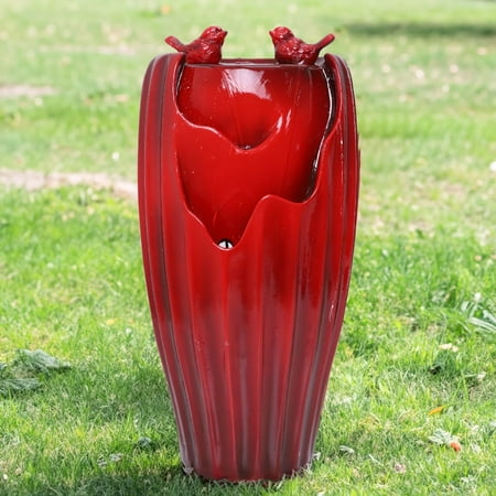 Ferrisland Red Fountain with LED Lights, 20" H Resin Vase Outdoor Freestanding Fountain with Adjustable Water Pump, Outside Garden & Backyard Decking Décor