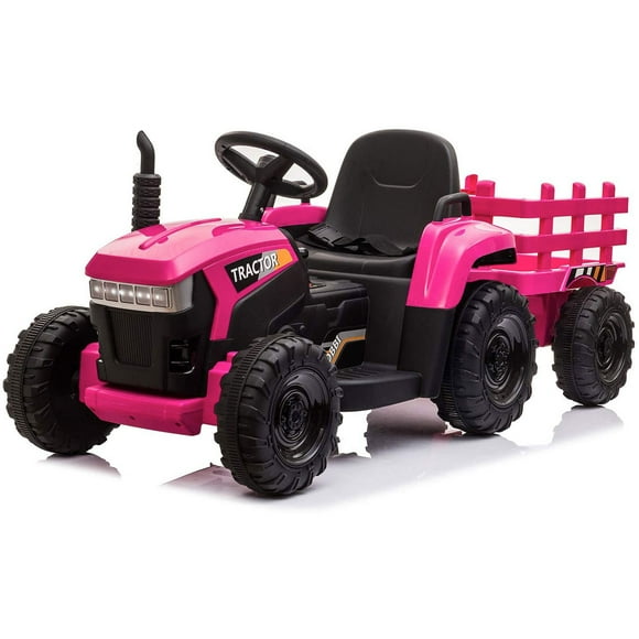 TOBBI 12V Kids Ride On Tractor with Trailer Electric Battery Powered Ride on Toy W/ LED Lights,Rose Red