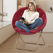 Magshion Saucer Chair Soft Faux Fur Oversized Folding Accent Chair Lounge Lazy Chair Moon Chair with Metal Frame for Bedroom Living Room, Red