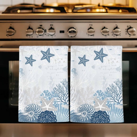 Blue Starfish Coastal Kitchen Towels Set of 1, Nautical Summer Beach Coral Shell Absorbent Dish Towels for Kitchen, Microfiber Hand Towel, Quick Drying Tea Towel for Cleaning Decorative Dishcloths