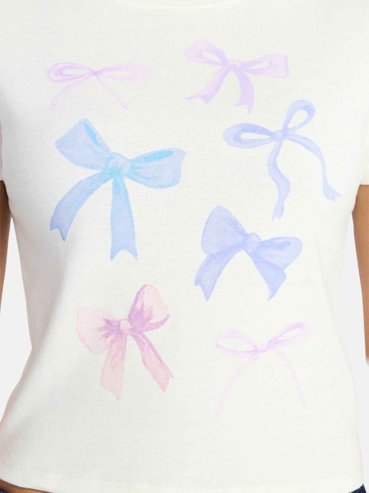 Bow Grid Watercolor Women's Graphic Cropped Baby Tee with Short Sleeves, Sizes XXS-XXL