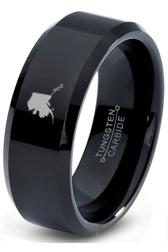 Tungsten Alaska The Last Frontier State Band Ring 8mm Men Women Comfort Fit Black Beveled Edge Polished
