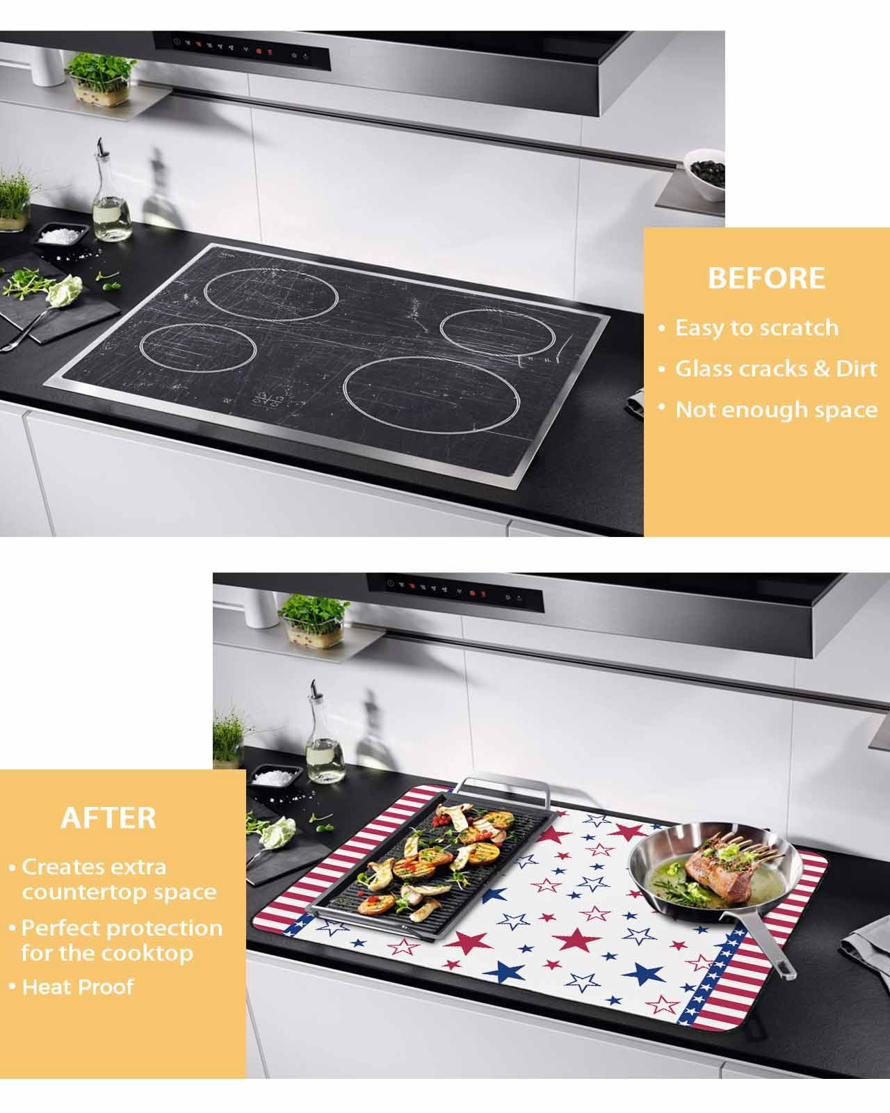 nqOlkjepod Large Induction Cooktop Protector Mat 24"x21", 4th of July Stove Top Covers for Electric Stove, Blue Red Stripe Stars Independence Day Stove Burner Cover Mats, Glass Top Stove Cover