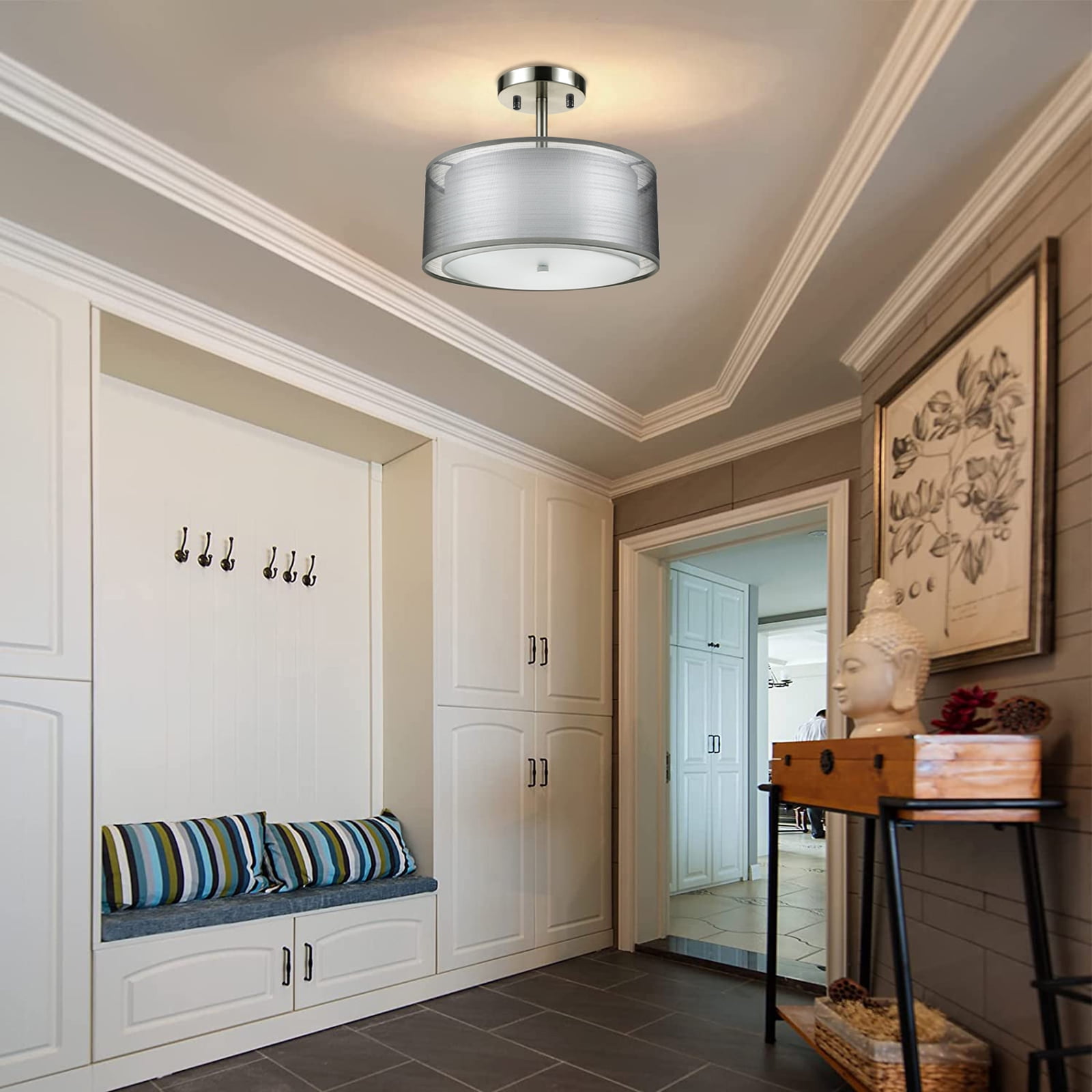 FRIDEKO HOME 12inch Semi Flush Mount Ceiling Light, Double Fabric Shade, 3-Lights Modern Drum Light Fixture for Hallway, Living Room, Bedroom (Without Bulbs)