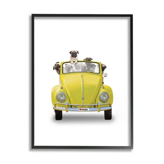 Yellow Antique Car Love Pugs Animals & Insects Graphic Art Black Framed Art Print Wall Art