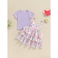 thumbnail image 5 of Aojekbee Little Girl Summer Outfits Solid Ribbe Short Sleeve T-Shirt with Floral Print Overall Dress, 5 of 10