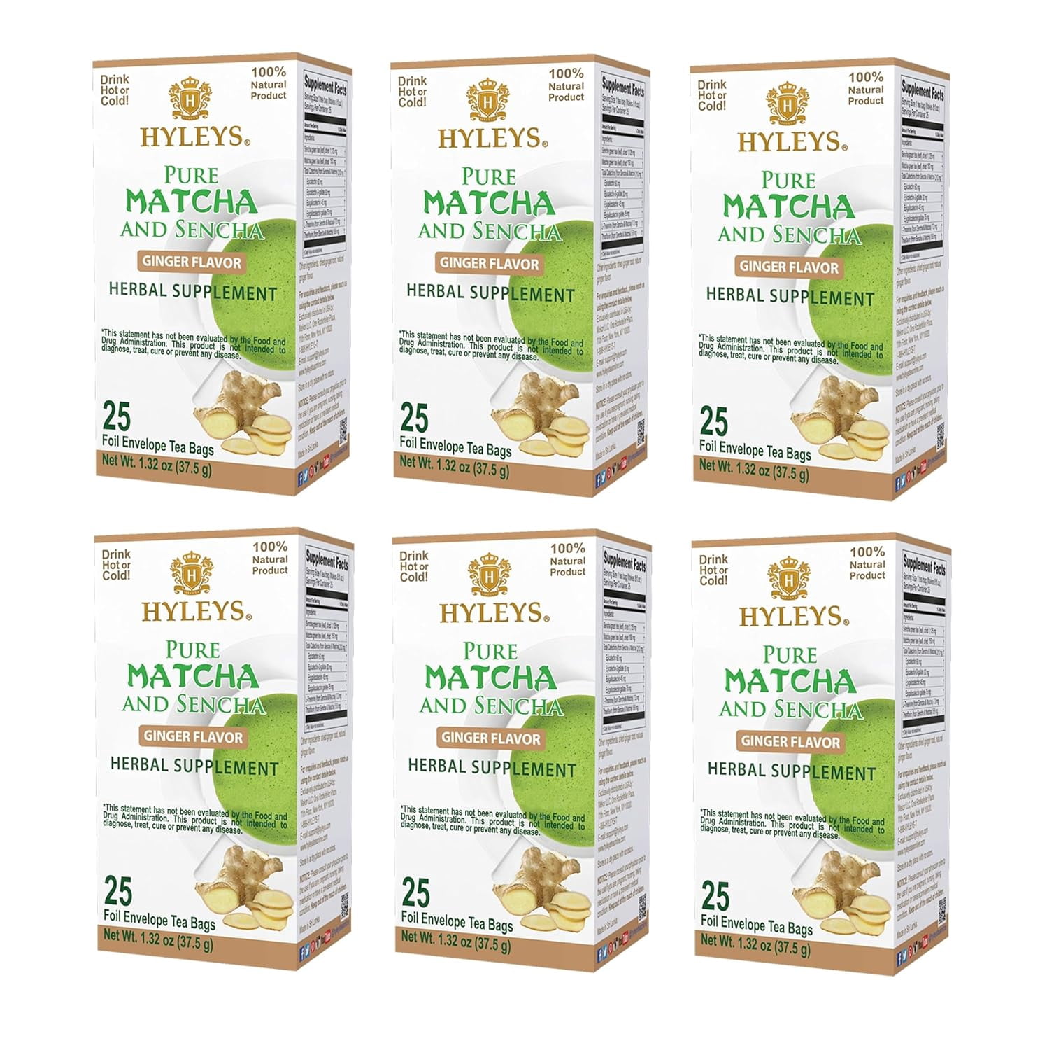 Hyleys Japanese Pure Matcha Green Tea Ginger Flavor - 150 Tea Bags (6 Pack)