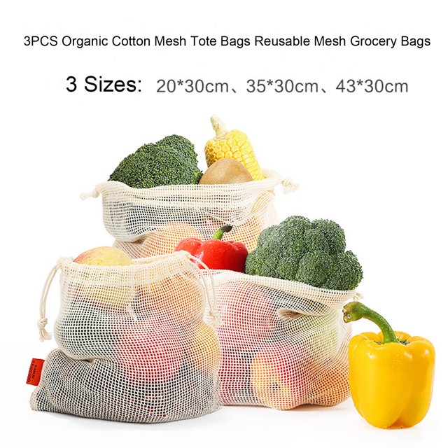 3PCS Bolsas de malla de algodón orgánico Bolsas de supermercado de malla reutilizables yeacher Bolsa de malla