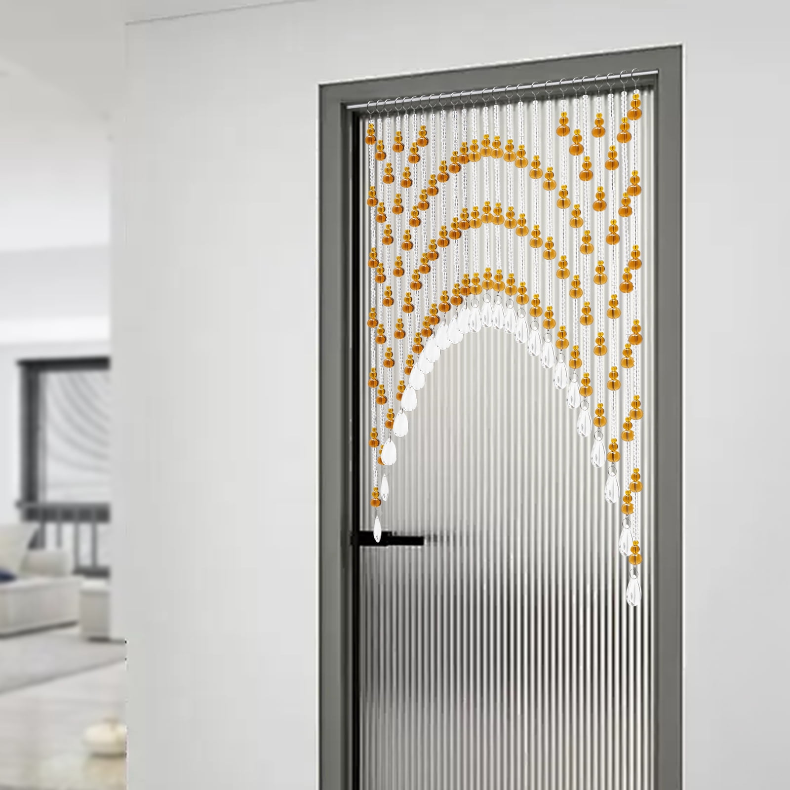 Crystal Glass Beaded Door Curtain 25-60in Adjustable Amber Clear Arched Gourd-Shaped Beads for Doorways, Windows