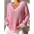 thumbnail image 5 of Women Teen Baggy Fashion Striped Long Sleeve Knit Tops Fall Winter Vneck Pullover Preppy Clothes Pink L, 5 of 8