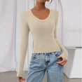 thumbnail image 5 of Women Long Sleeve V Neck Slim Fit Shirts Basic Tee Tops 2025 Fall Casual T Shirt Blouse Outfits Clothes Beige XL, 5 of 5