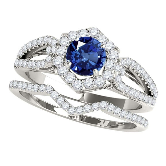 Mauli Jewels Engagement Rings for Women 1.35 Carat Halo Sapphire And Diamond Bridal Set Prong-Setting 14k White Gold