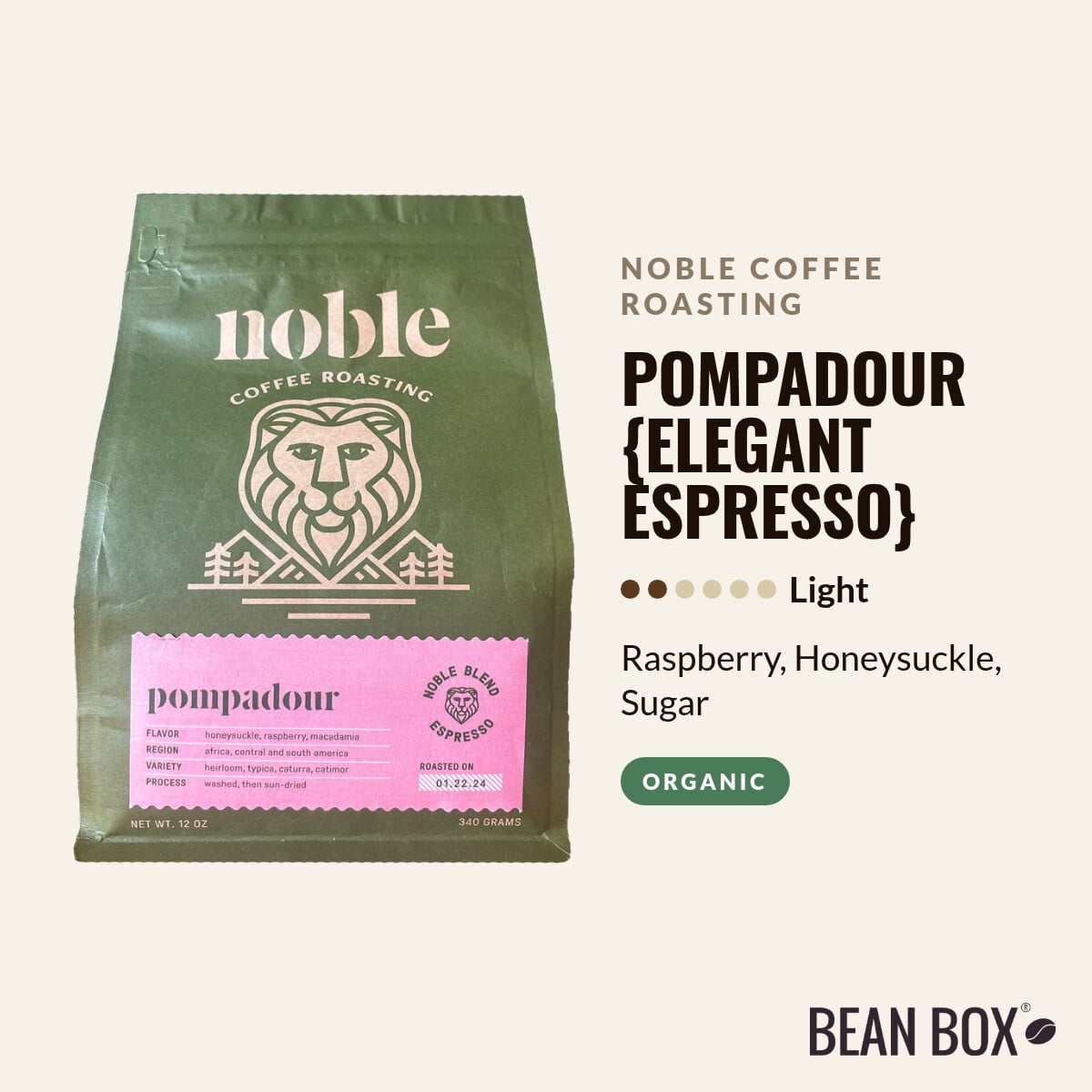 Pompadour Elegant Espresso - Roasted by Noble Coffee Roasting - Whole Bean Coffee - 12oz Bag