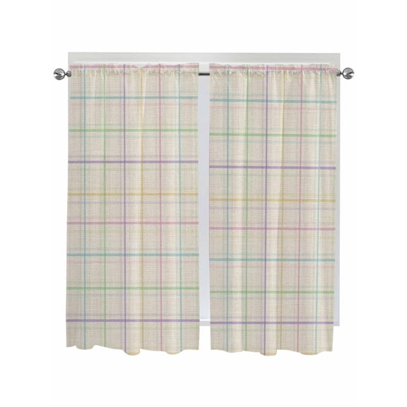 Colorful Geometric Plaid Bathroom Window Curtain, Simple Vintage Grid Beige Light Filtering Coffee Kitchen Curtains, Bedroom Living Room Curtains 2 Panel 84"x63"