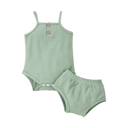 

Nokpsedcb Newborn Infants Baby Boy Girl Romper Pants Outfits Solid Color Sleeveless Button Sling Playsuit Elastic Waist Triangle Short Pants Set Green 0-3 Months