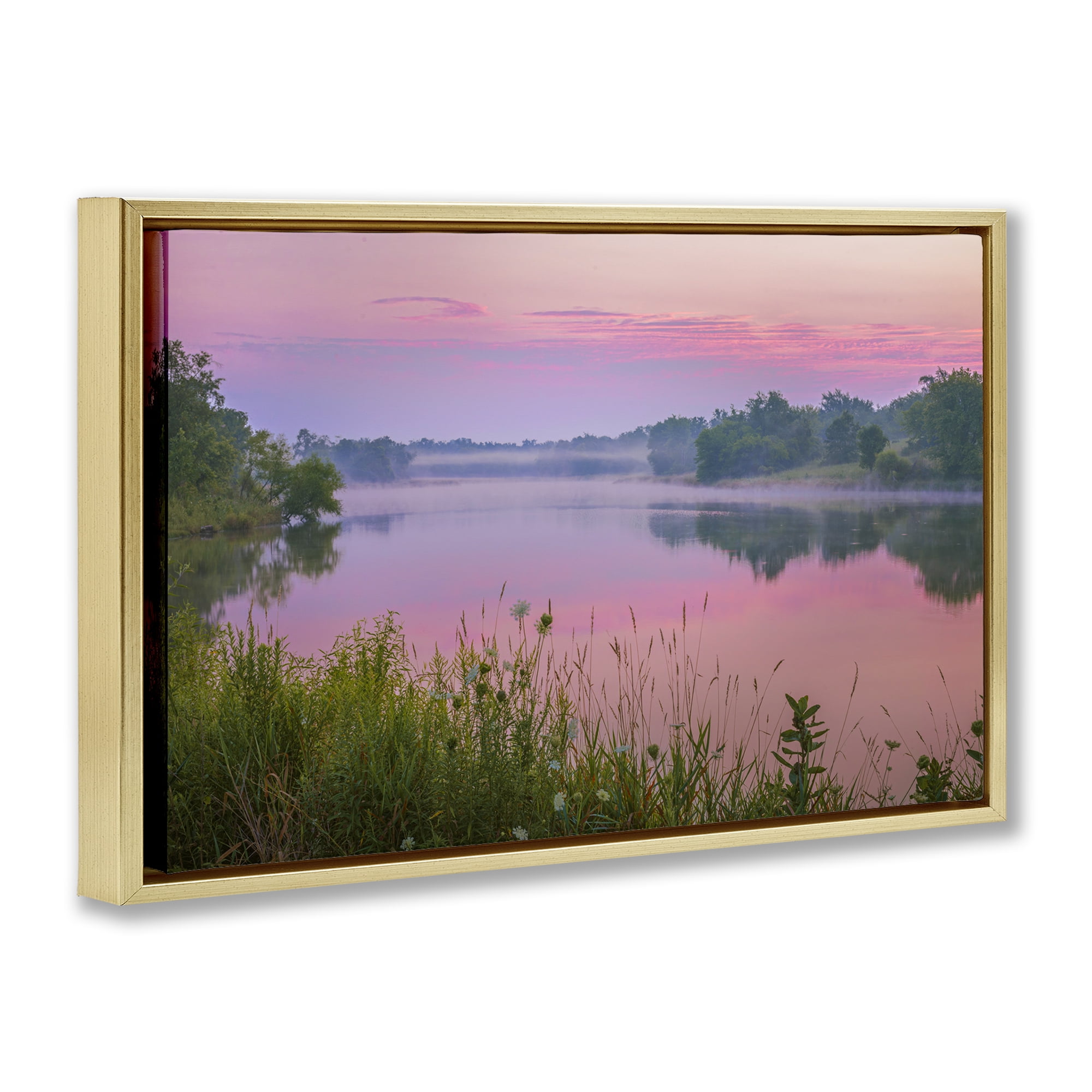 Stupell Industries Pink Dawn Sunrise Lake Landscape & Nature Photography Gold Floater Framed Canvas Art Print Wall Art, 31 x 21