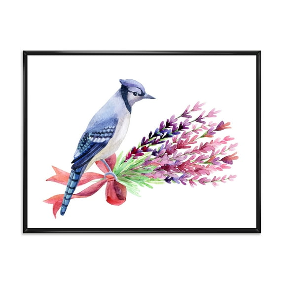 Blue Jay Bird On Bouquet Of Pink Flowers 20 in x 12 in Framed Painting Canvas Art Print, by Designart