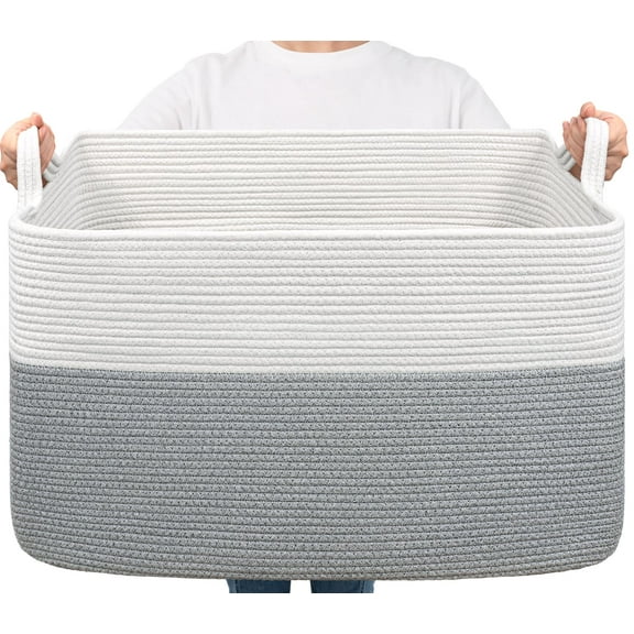 LJSXFI Large Blanket Basket, 72L Rectangle Woven Baskets for Storage, Laundry Basket, 22’’*17’’*12’’, White and Gray