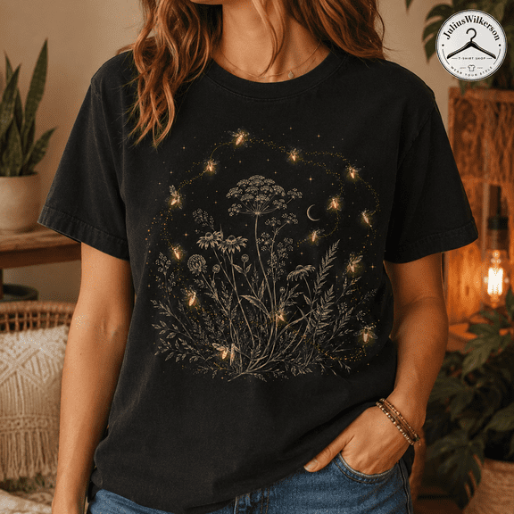 Firefly Wildflower T-Shirt, Cottagecore Botanical Graphic Tee, Boho Nature Lover Garden Shirt, Vintage Floral Gift