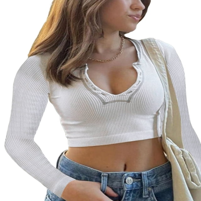 Women Short Top Shirt Long Sleeve Patchwork Ribbed Front Button V-Neck Cropped Tops Ladies Spring/Summer Slim Navel Shirt